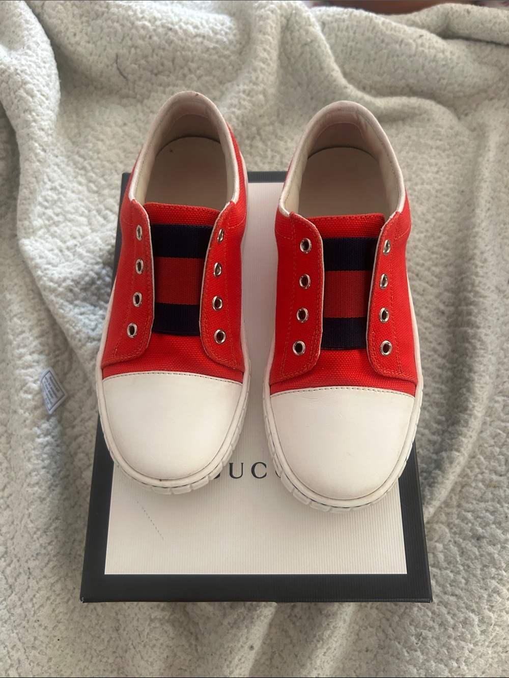 Kids Red Gucci Canvas Slip-On Sneakers with Navy Stripe